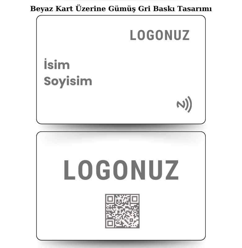 Beyaz Kart Üzerine Gümüş Gri Tasarım Yatay Nfc Kart ile paylaşmak istediğiniz tüm bilgilerinizi tek bir dokunuş ile karşınızdaki kişiye aktarın. Daha prestijli ve dijital bir kullanım gerçekleştirin.