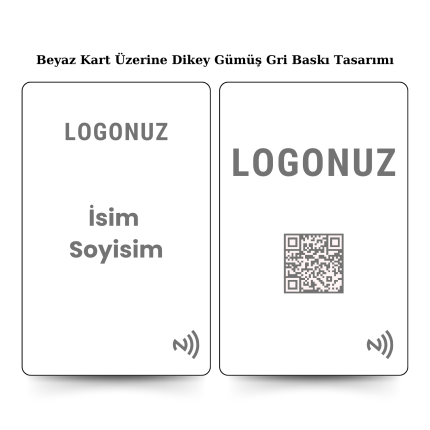 Beyaz Kart Üzerine Gümüş Gri Tasarım Dikey Nfc Kart ile paylaşmak istediğiniz tüm bilgilerinizi tek bir dokunuş ile karşınızdaki kişiye aktarın. Daha prestijli ve dijital bir kullanım gerçekleştirin.