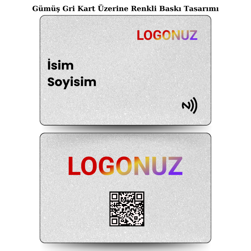 Gümüş Gri Kart Üzerine Renkli Tasarım Yatay Nfc Kart ile paylaşmak istediğiniz tüm bilgilerinizi tek bir dokunuş ile karşınızdaki kişiye aktarın. Daha prestijli ve dijital bir kullanım gerçekleştirin.