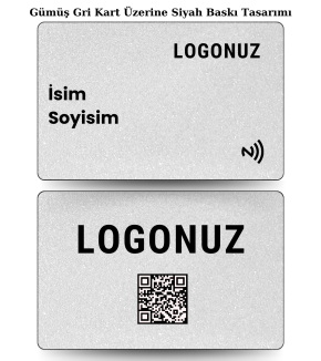 Gümüş Gri Kart Üzerine Siyah Tasarım Yatay Nfc Kart ile paylaşmak istediğiniz tüm bilgilerinizi tek bir dokunuş ile karşınızdaki kişiye aktarın. Daha prestijli ve dijital bir kullanım gerçekleştirin.