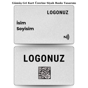 Gümüş Gri Kart Üzerine Siyah Tasarım Yatay Nfc Kart ile paylaşmak istediğiniz tüm bilgilerinizi tek bir dokunuş ile karşınızdaki kişiye aktarın. Daha prestijli ve dijital bir kullanım gerçekleştirin.