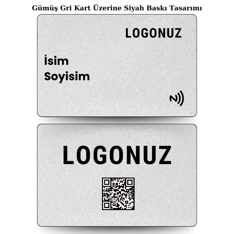Gümüş Gri Kart Üzerine Siyah Tasarım Yatay Nfc Kart ile paylaşmak istediğiniz tüm bilgilerinizi tek bir dokunuş ile karşınızdaki kişiye aktarın. Daha prestijli ve dijital bir kullanım gerçekleştirin.
