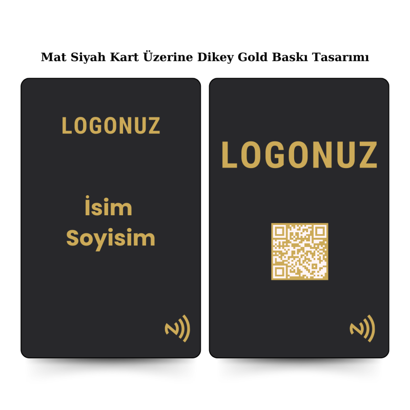Mat Siyah Kart Üzerine Gold Tasarım Dikey Nfc Kart ile paylaşmak istediğiniz tüm bilgilerinizi tek bir dokunuş ile karşınızdaki kişiye aktarın. Daha prestijli ve dijital bir kullanım gerçekleştirin.