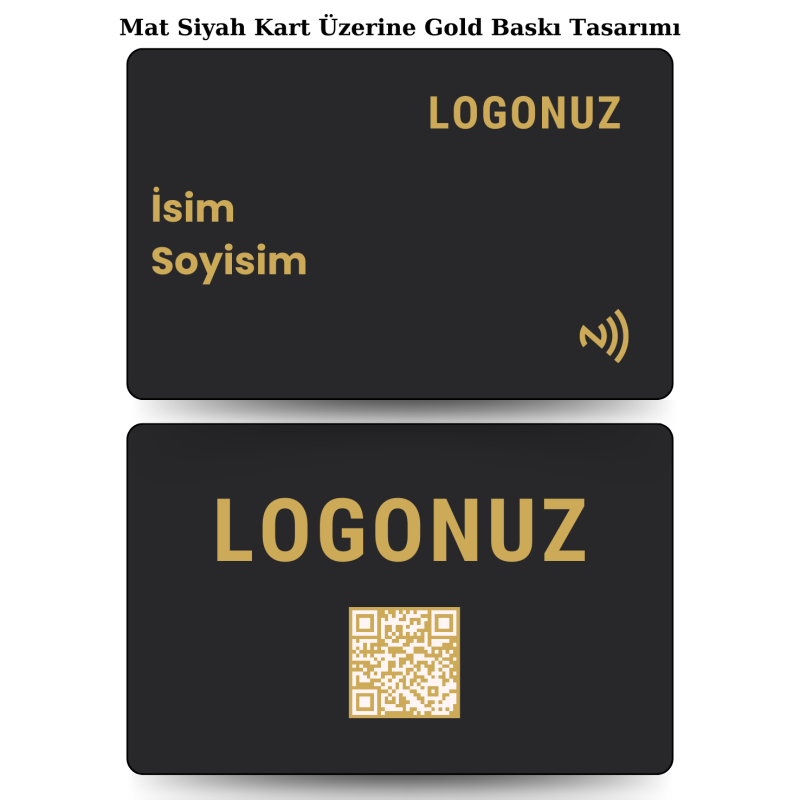 Mat Siyah Kart Üzerine Gold Tasarım Yatay Nfc Kart ile paylaşmak istediğiniz tüm bilgilerinizi tek bir dokunuş ile karşınızdaki kişiye aktarın. Daha prestijli ve dijital bir kullanım gerçekleştirin.