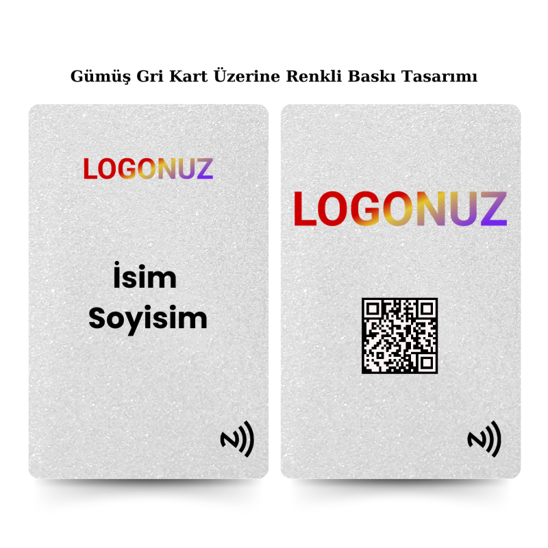 Gümüş Gri Kart Üzerine Renkli Tasarım Dikey Nfc Kart ile paylaşmak istediğiniz tüm bilgilerinizi tek bir dokunuş ile karşınızdaki kişiye aktarın. Daha prestijli ve dijital bir kullanım gerçekleştirin.
