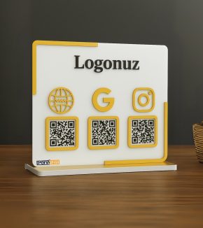 Beyaz Üzerine Gold Detaylı Pleksi QR Kod Standı