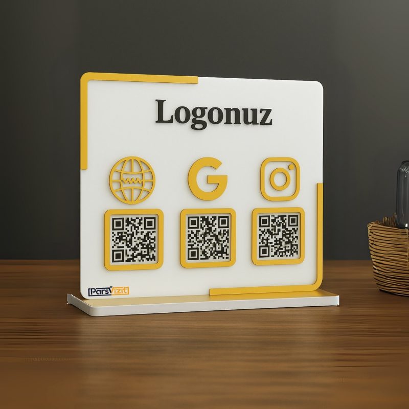 Beyaz Üzerine Gold Detaylı Pleksi QR Kod Standı