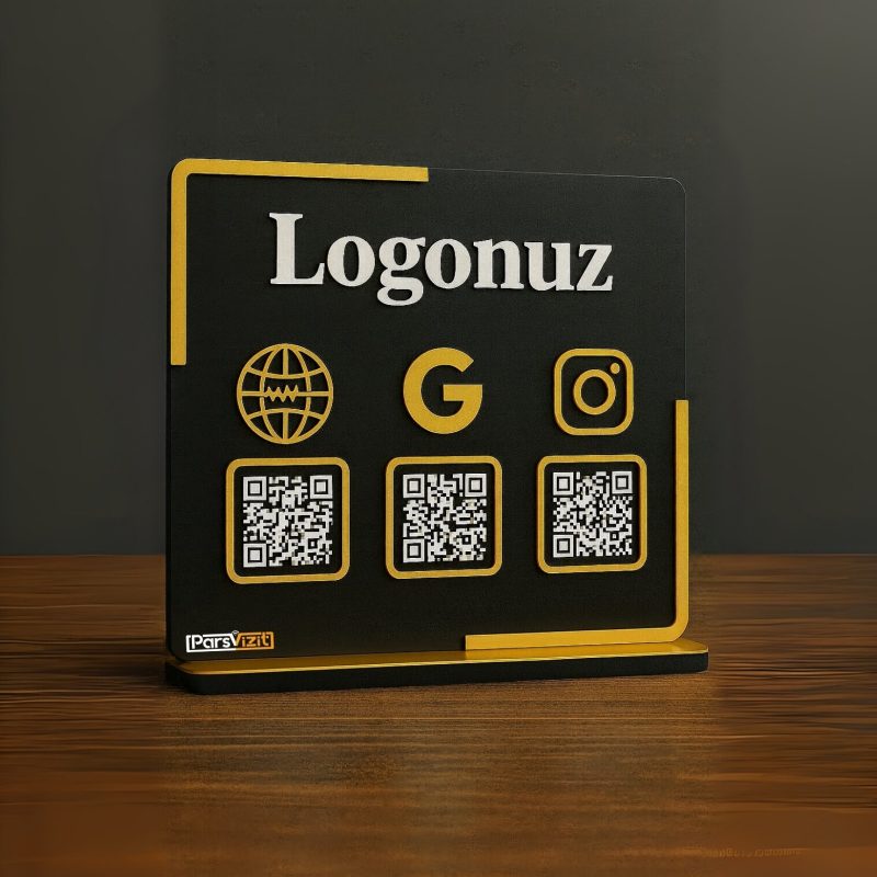 Siyah Üzerine Gold Detaylı Pleksi QR Kod Standı
